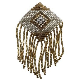 Artisan Made Vintage Beaded Rhinestone Dangling Brooch Fringe Gold Silver